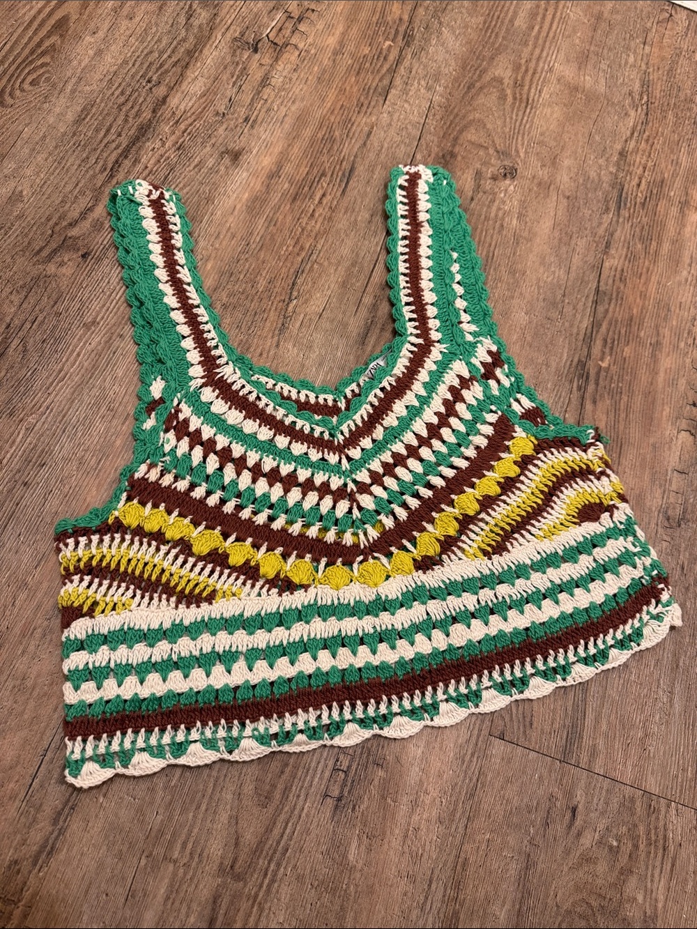 Zara Green Cream Brown Striped Crochet Tank with Yellow Accents - Picture 1 of 4